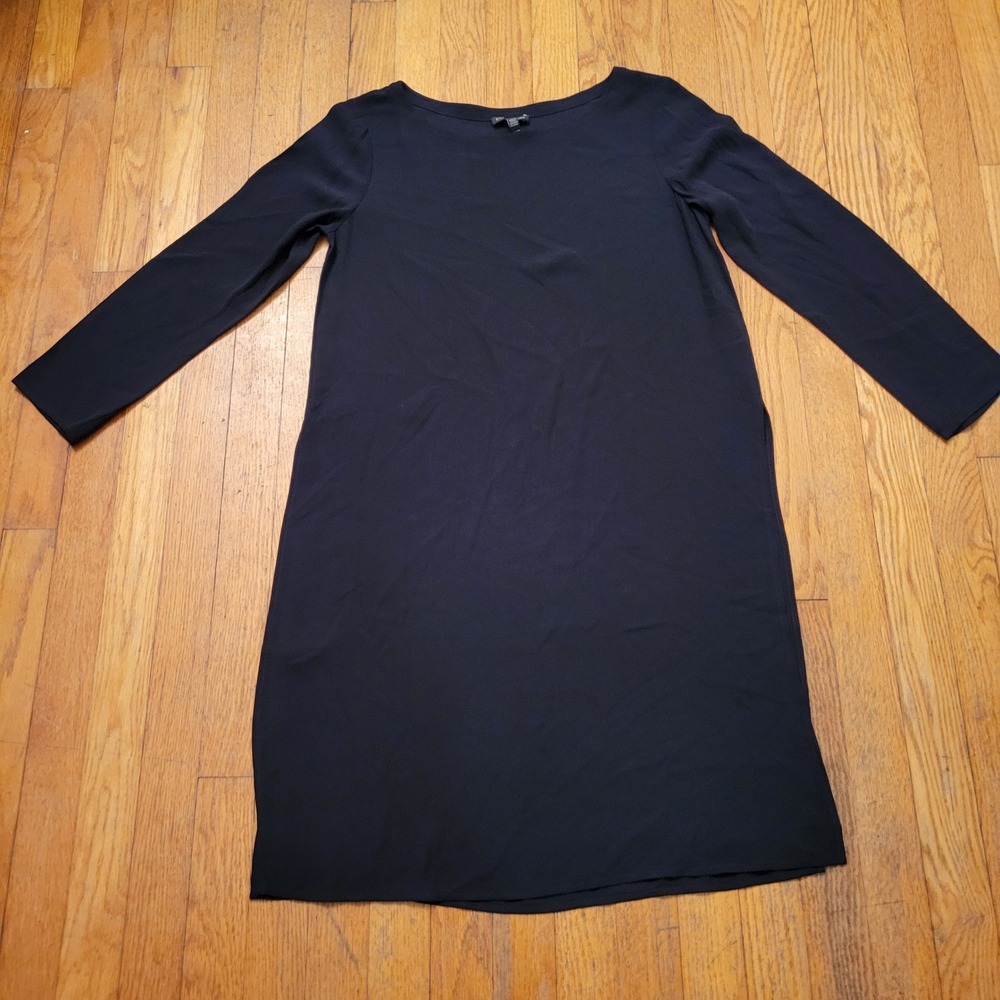 Eileen Fisher PS Silk Tunic Dress Black Long Sleeve High Slit Crepe De‎ Chine
